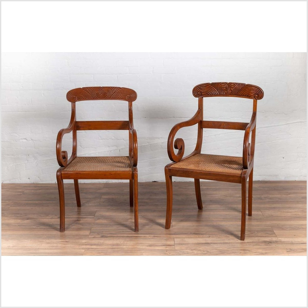 Antique Javanese Wooden Armchair with Carved Back, Curving Arms and Rattan Seat-3. Asian &amp; Chinese Furniture, Art, Antiques, Vintage Home Décor for sale at FEA Home
