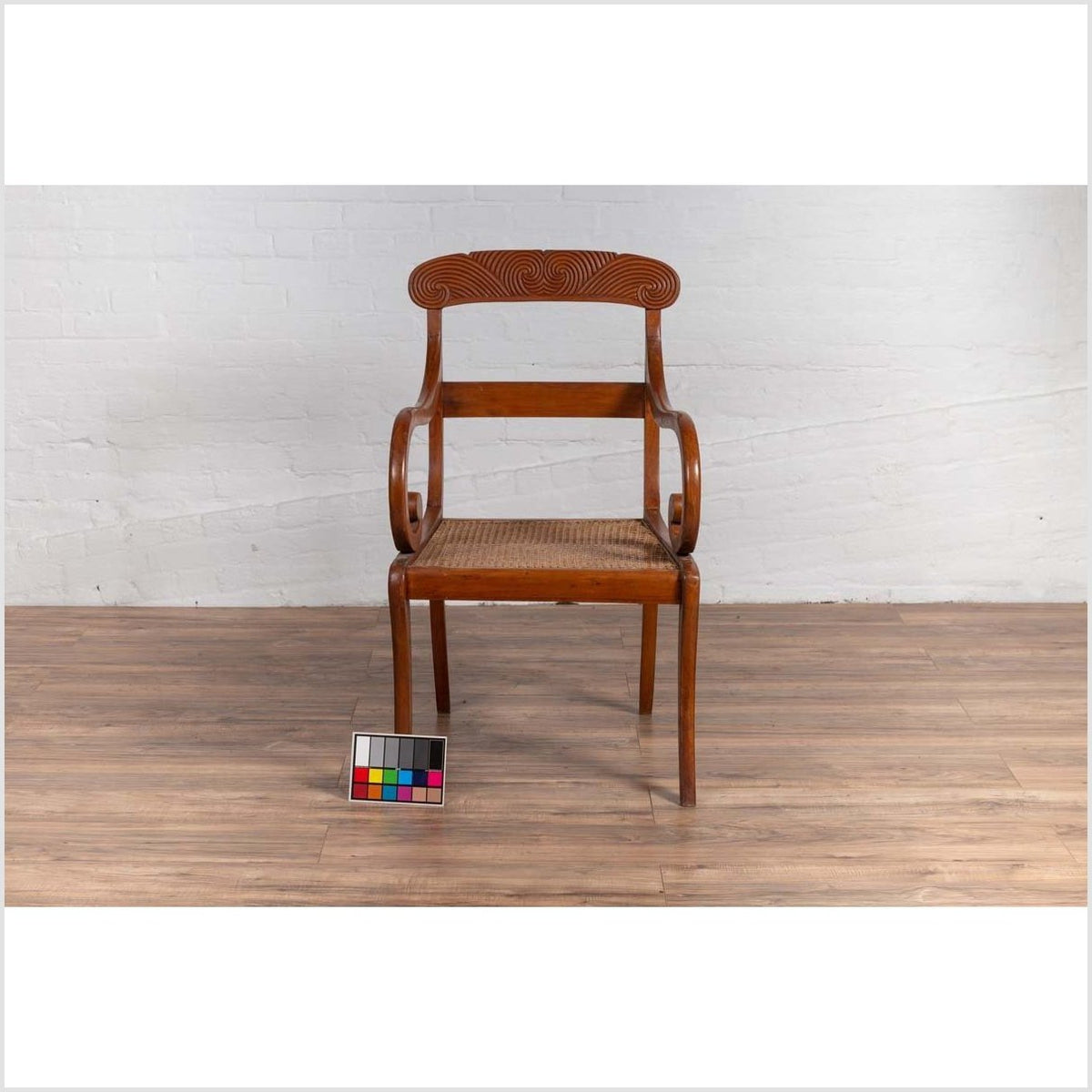 Antique Javanese Wooden Armchair with Carved Back, Curving Arms and Rattan Seat-4. Asian &amp; Chinese Furniture, Art, Antiques, Vintage Home Décor for sale at FEA Home