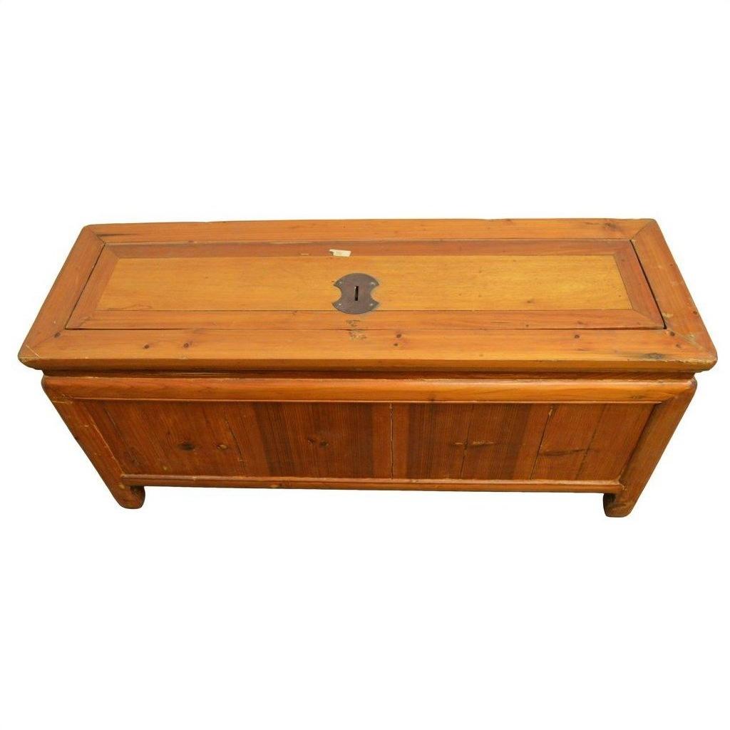 Brown wood Chinese Low Kang chest with drawers, doors, and brass hardware on a white background.