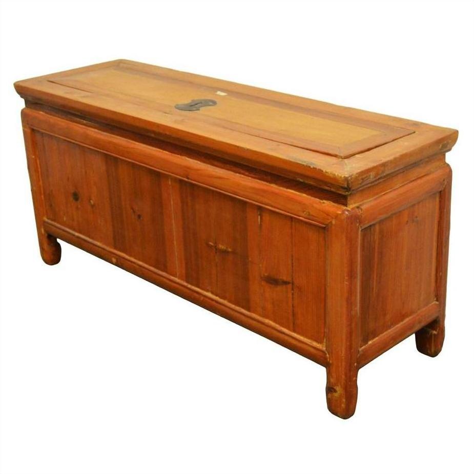 Brown wood Low Kang Chinese chest with brass hardware, drawers, and doors, inspired by rustic 19th-century design.