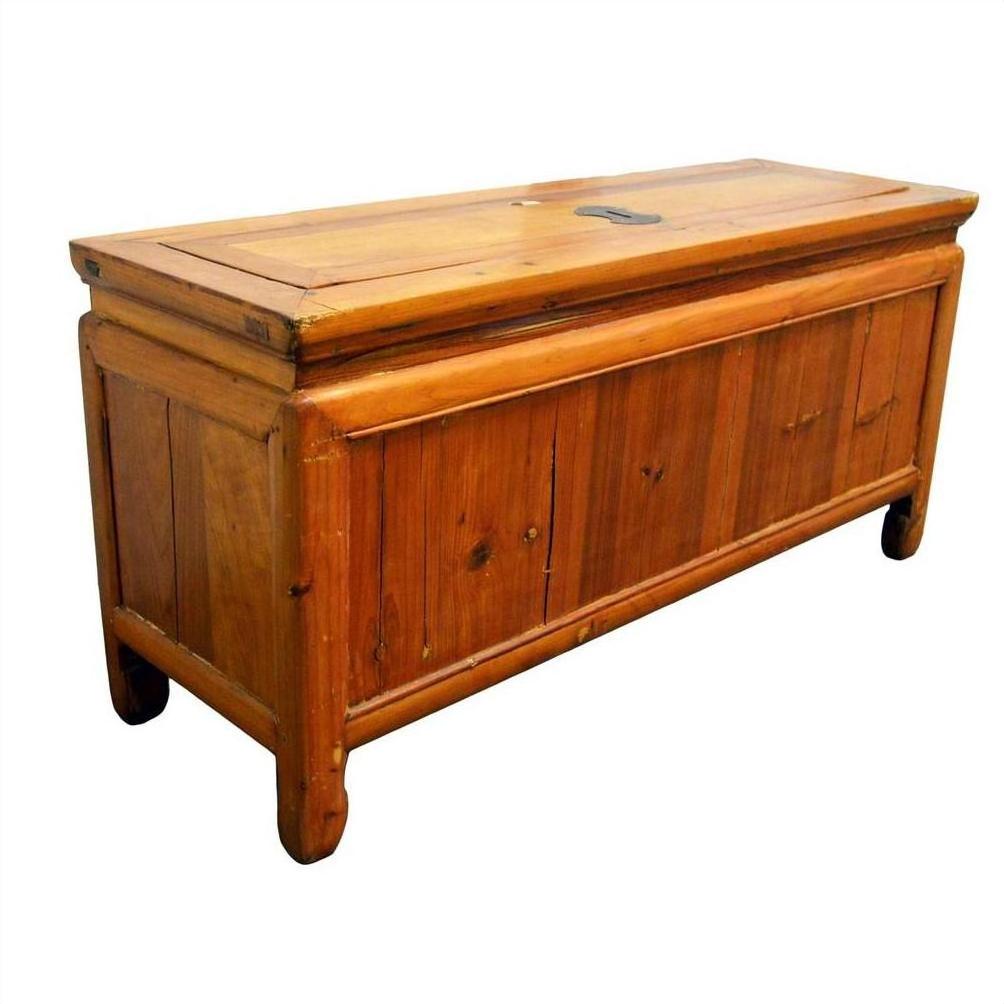 Brown wood antique Chinese Kang chest with drawers, doors, brass hardware against a plain white background.