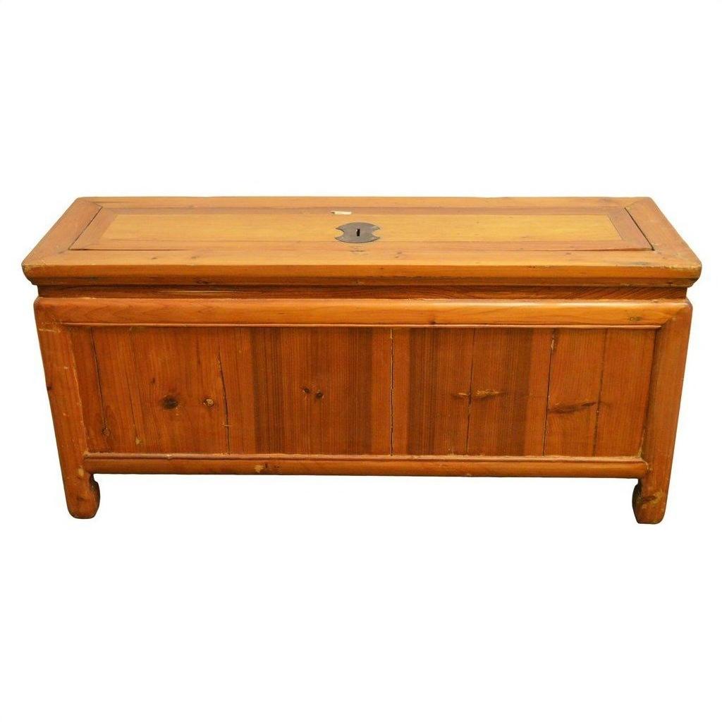 Brown wood Chinese Low Kang chest with drawers, doors, brass hardware, flat lid, and short legs.