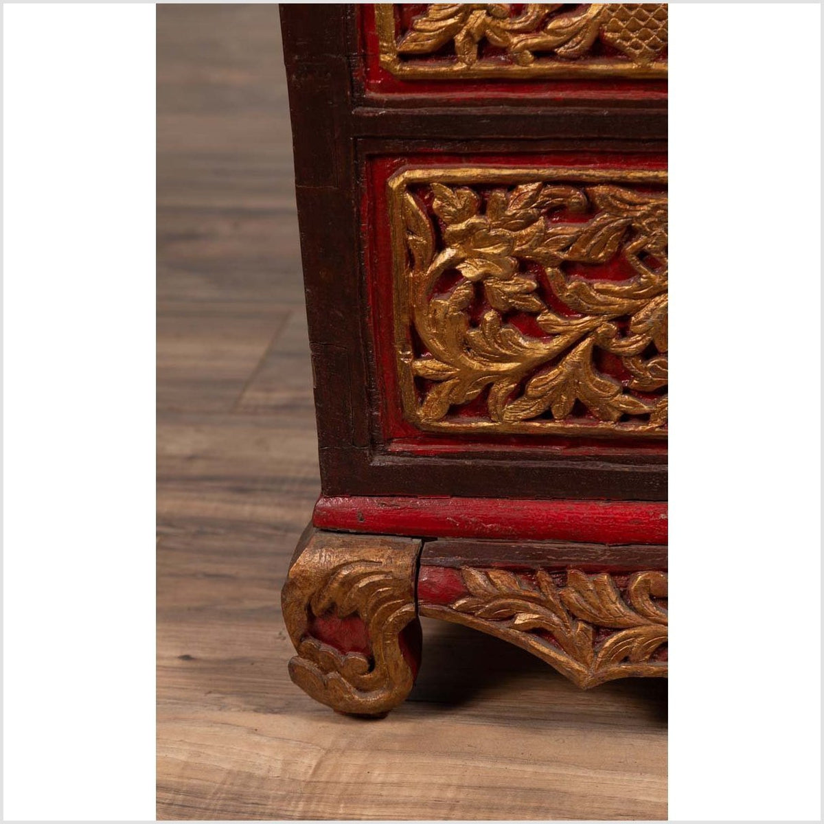 Antique Madura Hand Carved Wooden Blanket Chest with Red, Brown and Gilt Accents-15. Asian &amp; Chinese Furniture, Art, Antiques, Vintage Home Décor for sale at FEA Home