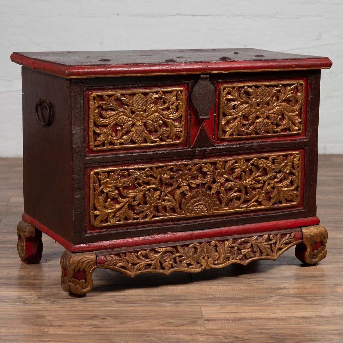 Madura Hand Carved Wooden Blanket Chest - Gilt Accents-20. Asian &amp; Chinese Furniture, Art, Antiques, Vintage Home Décor for sale at FEA Home