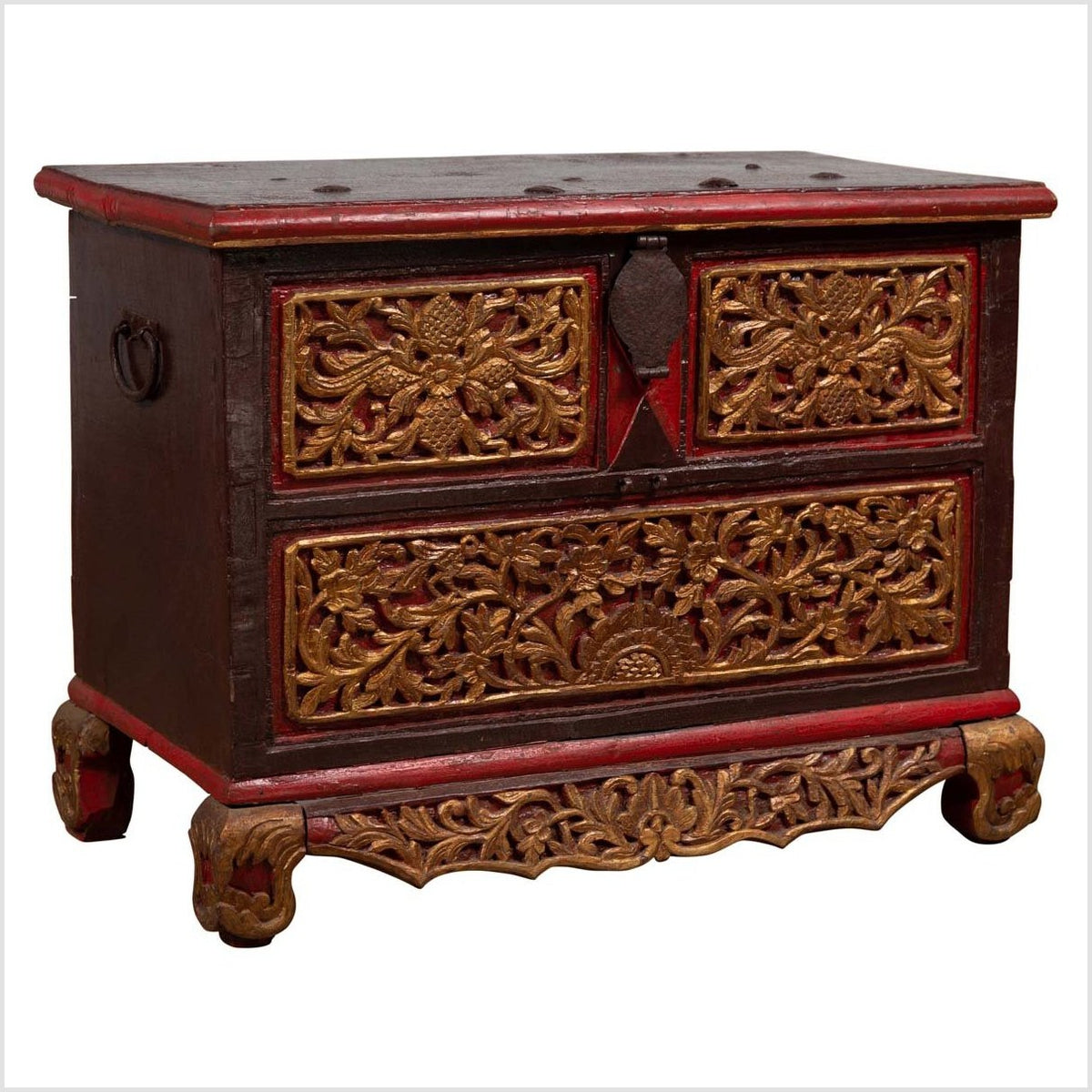 Antique Madura Hand Carved Wooden Blanket Chest with Red, Brown and Gilt Accents-1. Asian & Chinese Furniture, Art, Antiques, Vintage Home Décor for sale at FEA Home