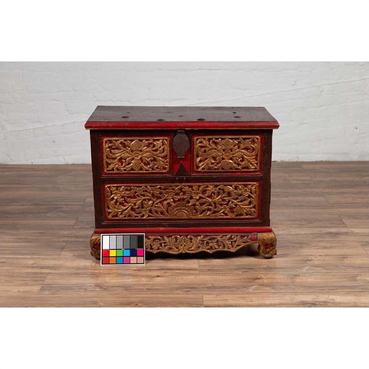 Madura Hand Carved Wooden Blanket Chest - Gilt Accents-6. Asian &amp; Chinese Furniture, Art, Antiques, Vintage Home Décor for sale at FEA Home