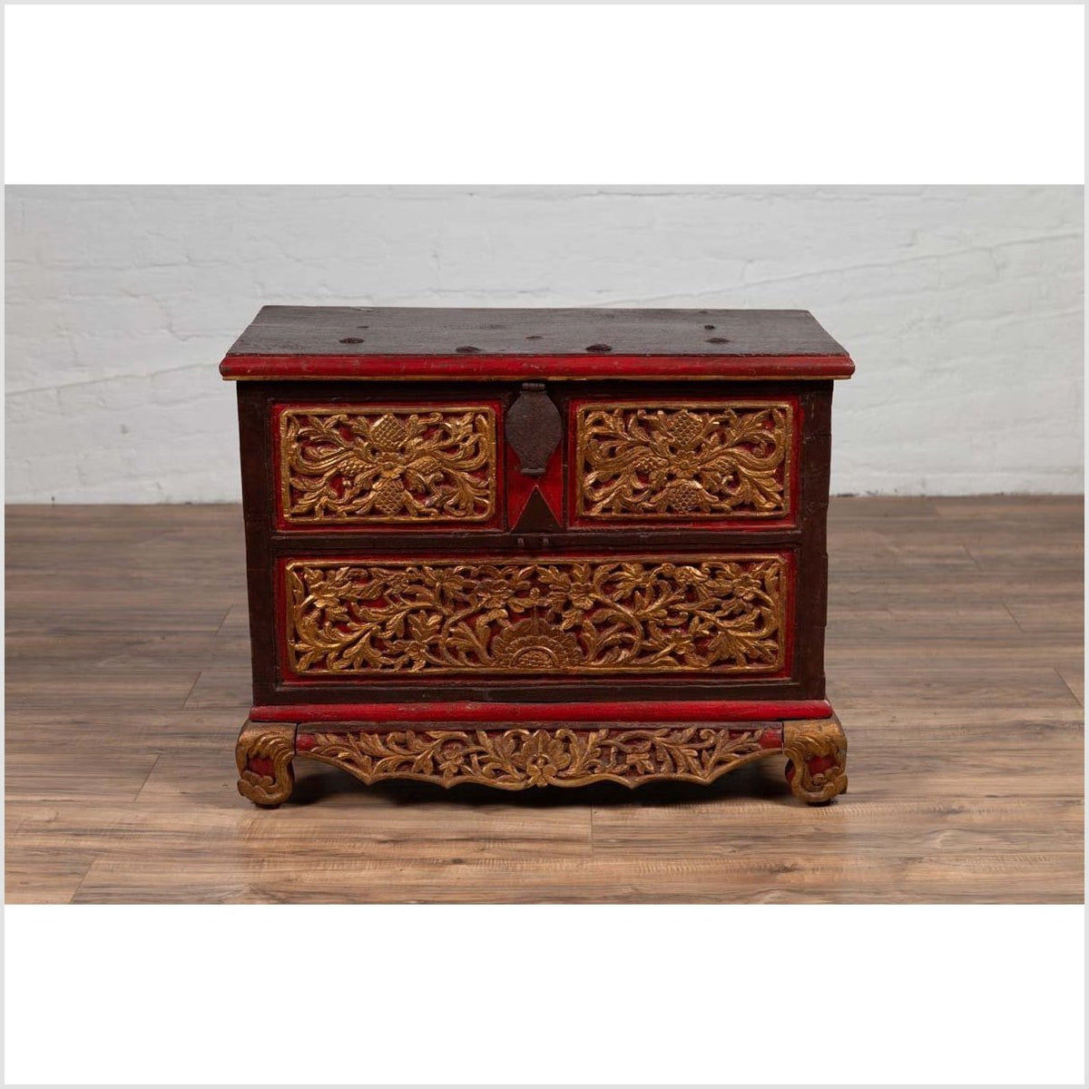 Antique Madura Hand Carved Wooden Blanket Chest with Red, Brown and Gilt Accents-2. Asian & Chinese Furniture, Art, Antiques, Vintage Home Décor for sale at FEA Home