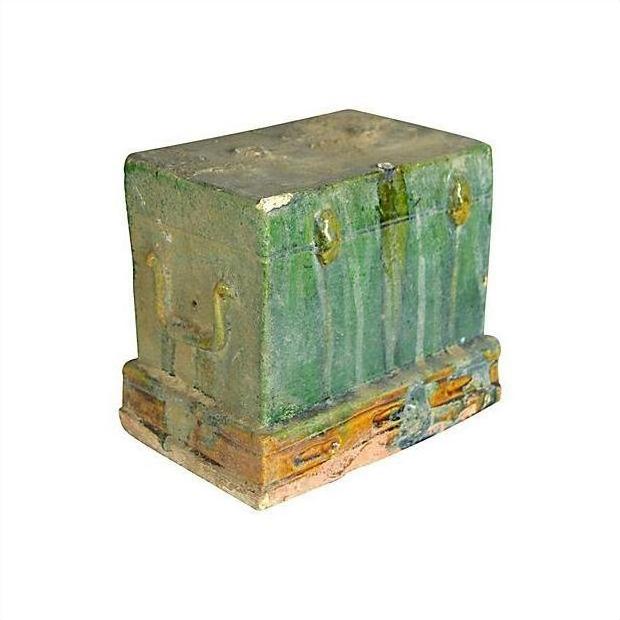 Green glazed ceramic miniature Chinese treasure chest, rectangular, Ming dynasty style, close-up on neutral background.