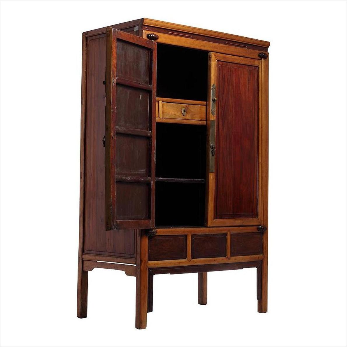 Brown elm and cypress wood Ningbo cabinet from 19th century China with open doors, shelves, and drawers visible.