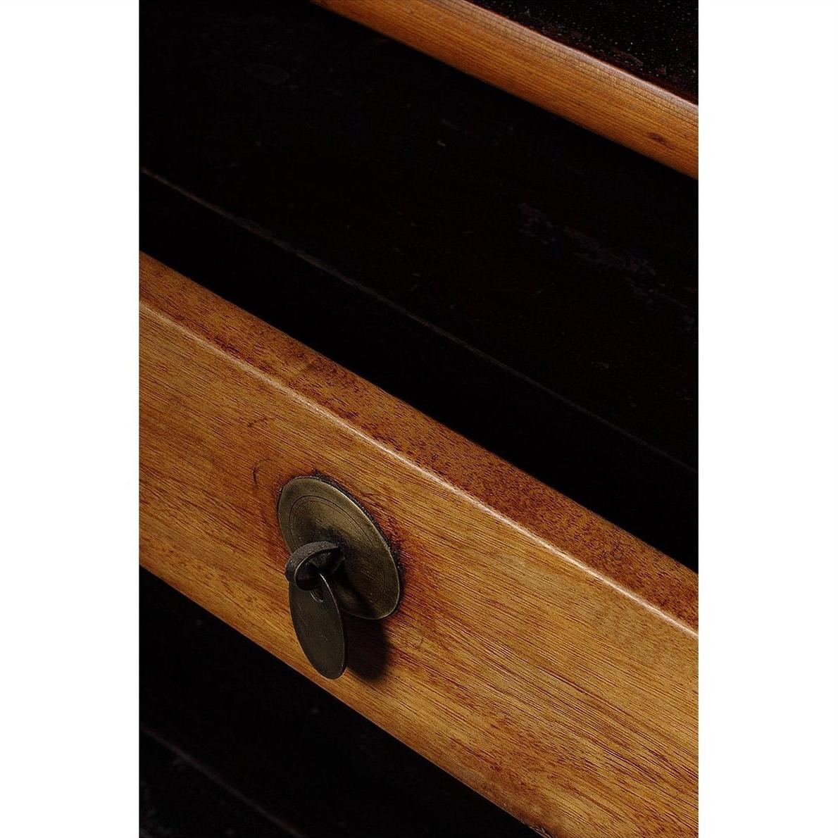Close-up of brown elm and cypress wood cabinet drawer from 19th-century China, partially open with metal lock.