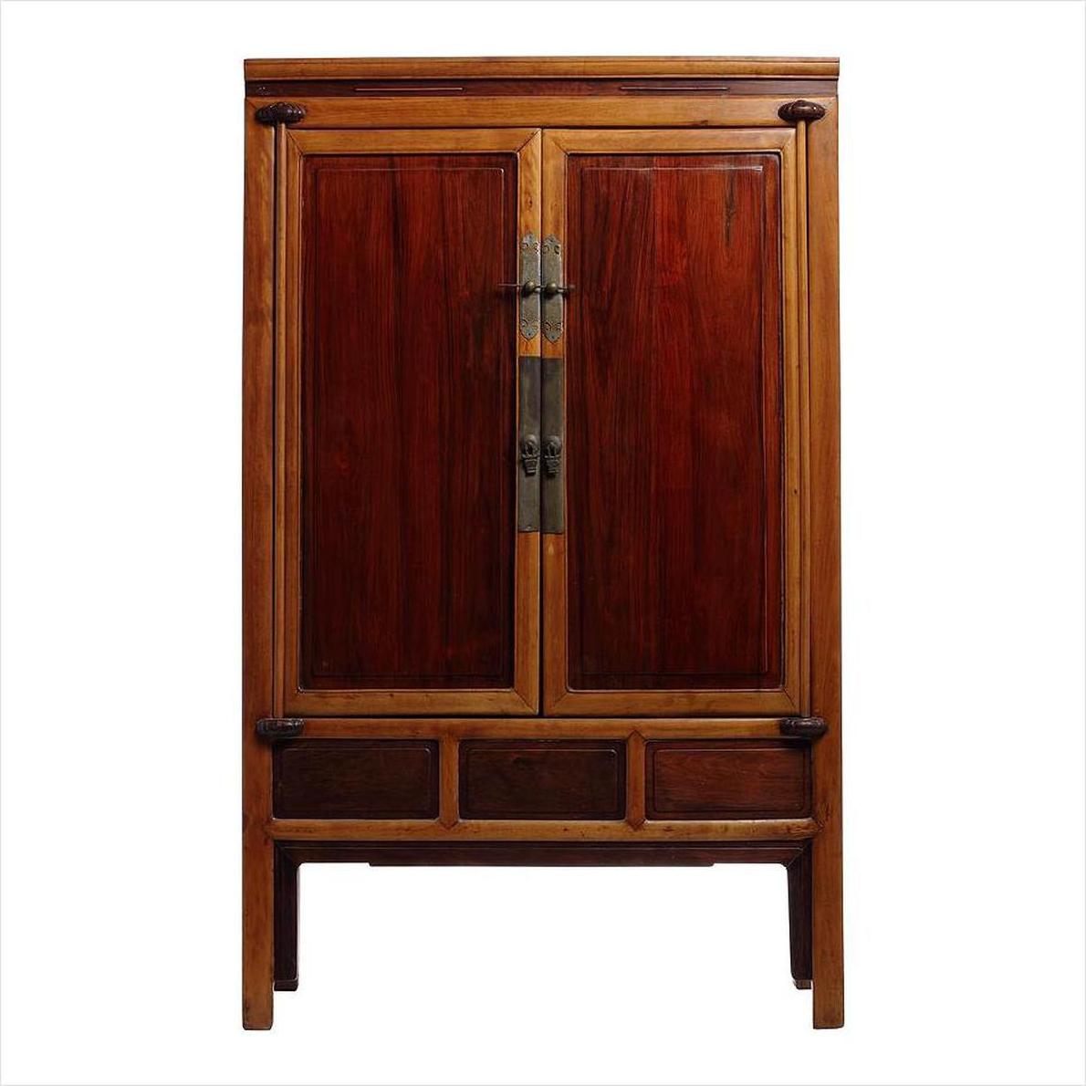 Dark wood China cabinet, antique 19th c. Ningbo elm and cypress, brass handles, three small drawers below.