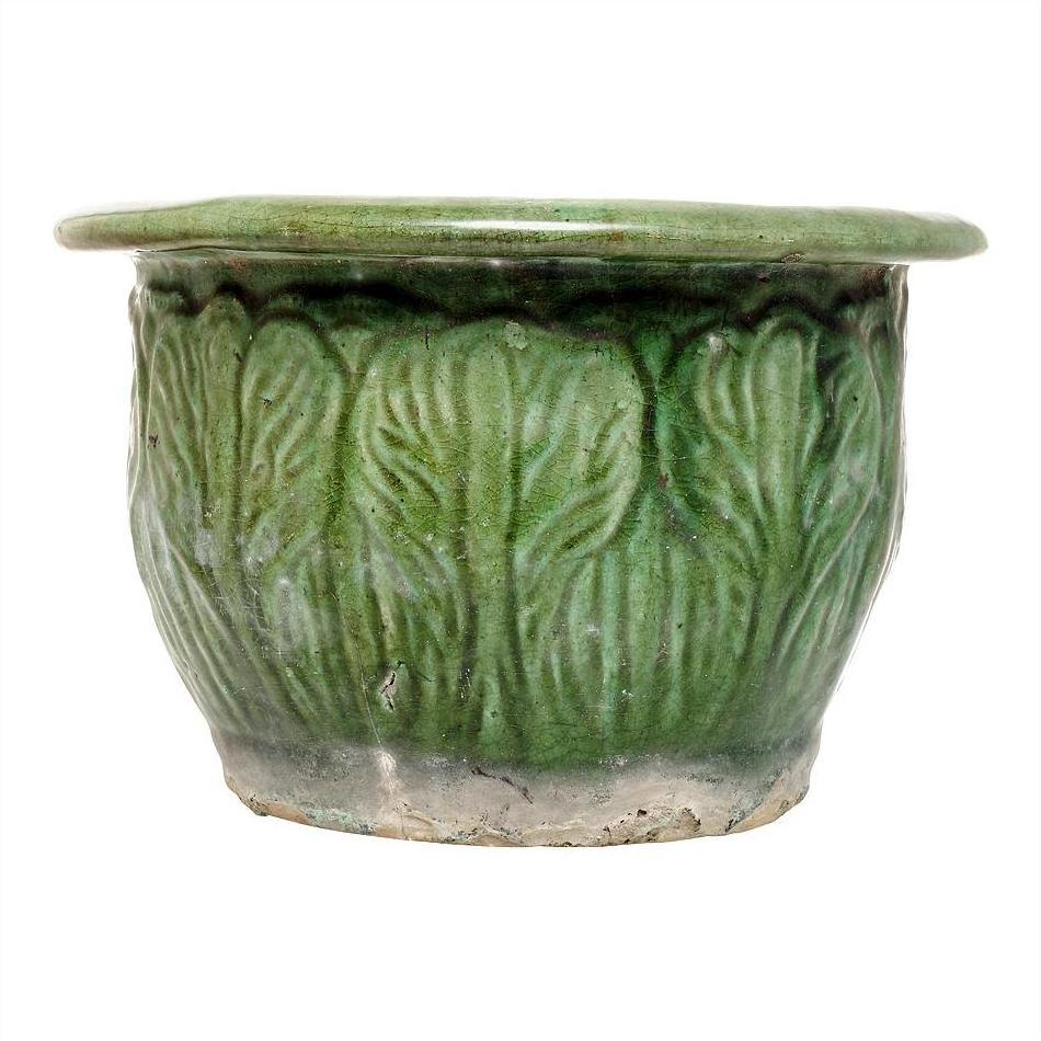 Green ceramic planter with wide rim and leaf pattern, antique Chinese Hunan style, close-up view.
