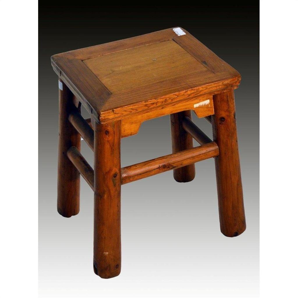 Brown Chinese Elm antique square stool with thick legs and flat top, shown against a gradient background.