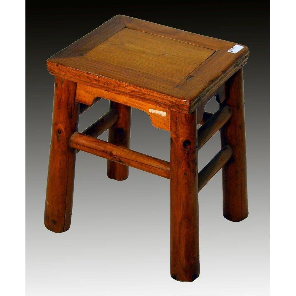 Square Chinese elm antique stool with four sturdy legs and rustic finish, set against a gradient background.