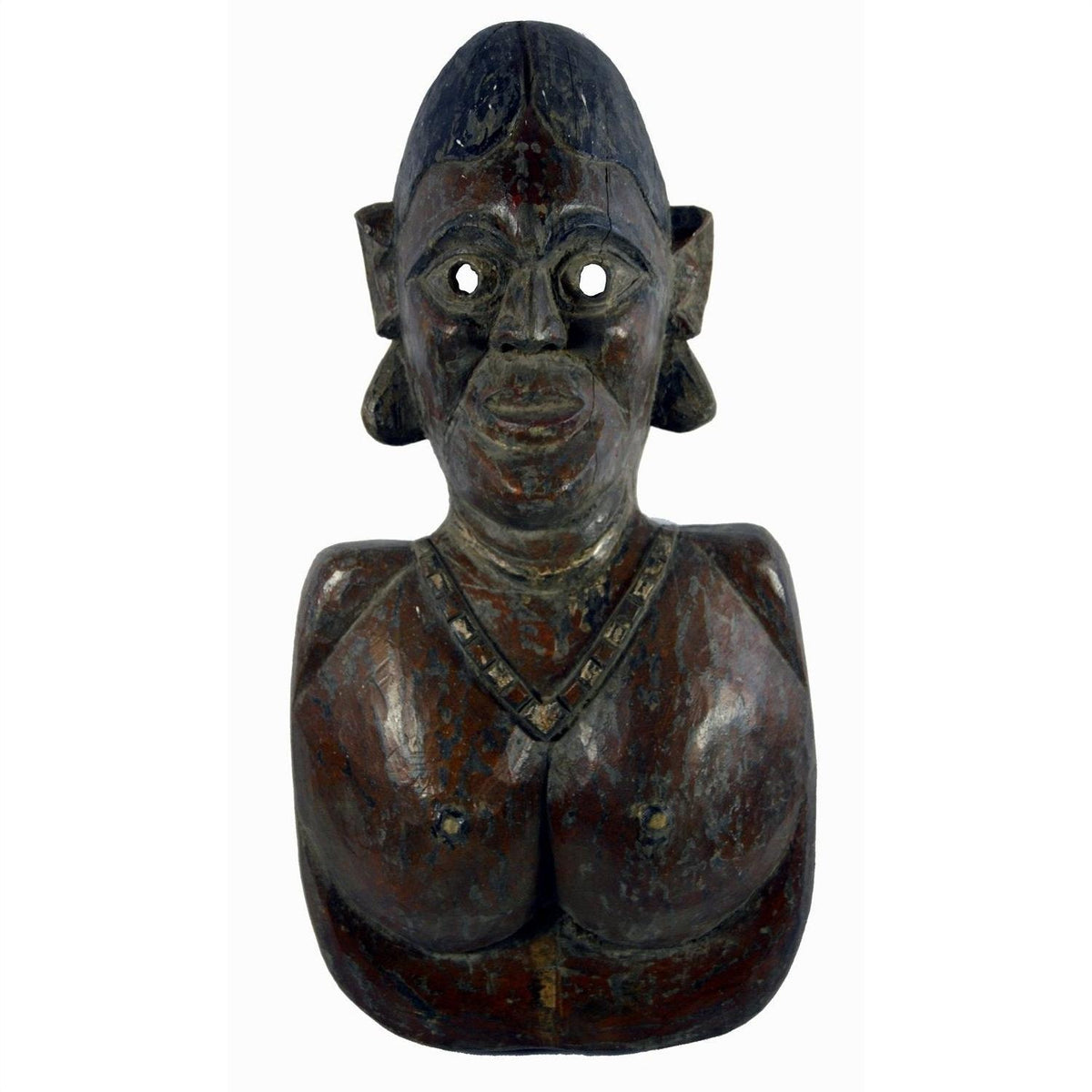 Brown wooden Sumatra fertility mask bust of a stylized female with necklace, hollow eyes, and pronounced facial features.