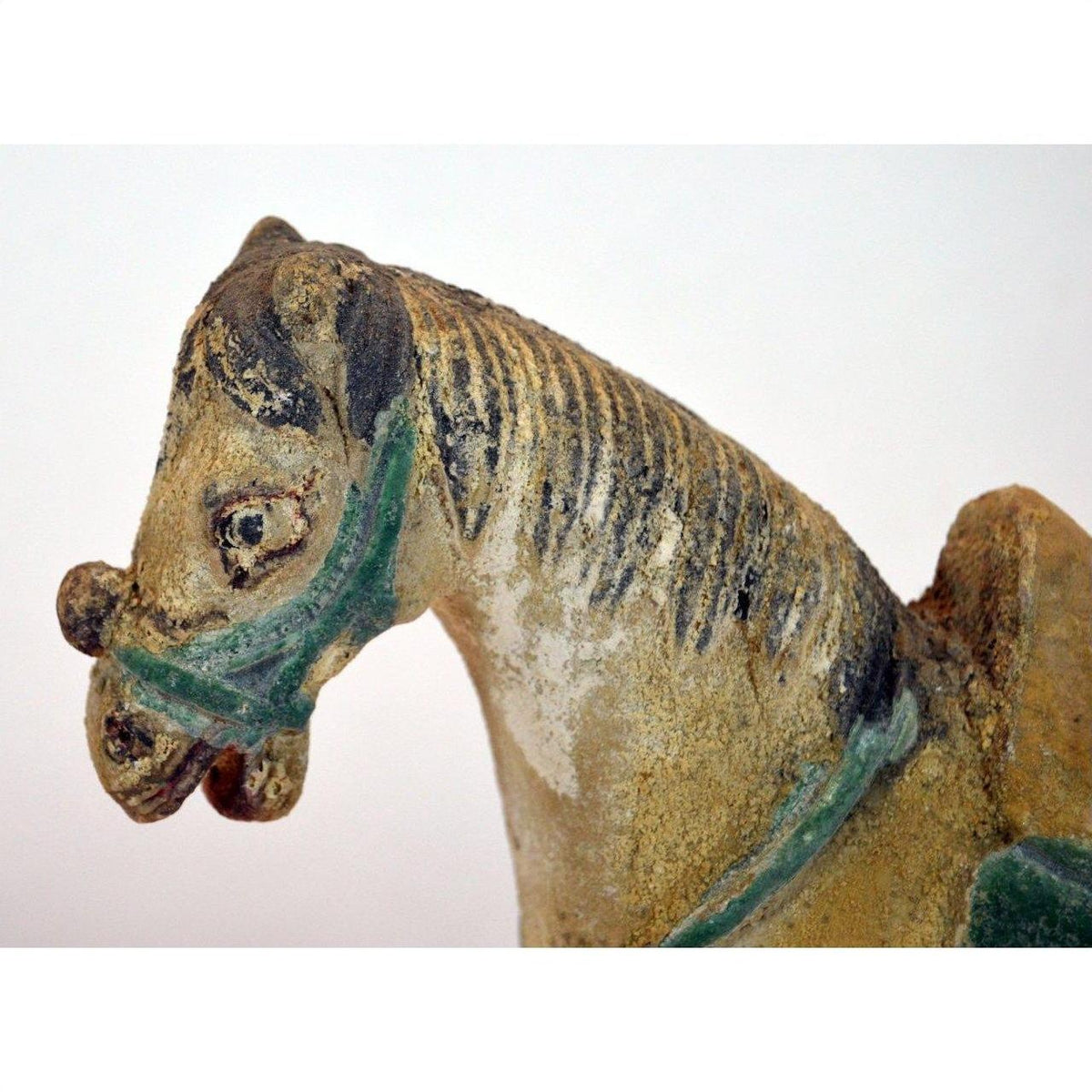 Close-up of a green-brided glazed terracotta Ming Dynasty horse with textured mane.