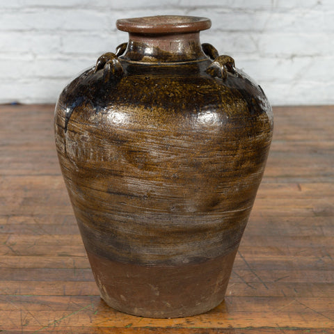 Antique Thai 19th Century Brown Glazed Water Jar with Petite Loop Handles