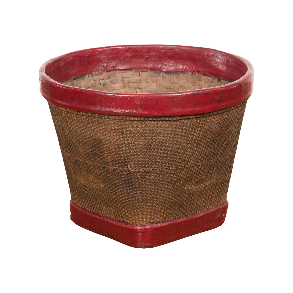 Antique Thai Hand Woven Rattan Grain Basket with Red Lacquered Border-1. Asian & Chinese Furniture, Art, Antiques, Vintage Home Décor for sale at FEA Home