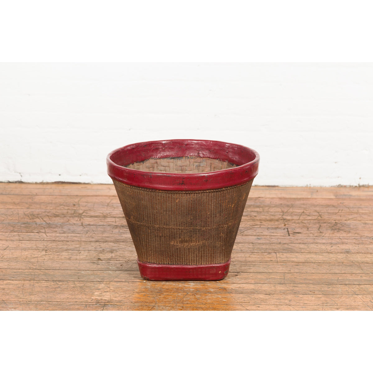 Antique Thai Hand Woven Rattan Grain Basket with Red Lacquered Border-2. Asian & Chinese Furniture, Art, Antiques, Vintage Home Décor for sale at FEA Home