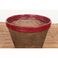 Antique Thai Hand Woven Rattan Grain Basket with Red Lacquered Border