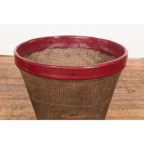 This-is-a-picture-of-a-Antique Thai Hand Woven Rattan Grain Basket with Red Lacquered Border-image-position-3-style-YN7692-Shop-for-Vintage-and-Antique-Asian-and-Chinese-Furniture-for-sale-at-FEA Home-NYC