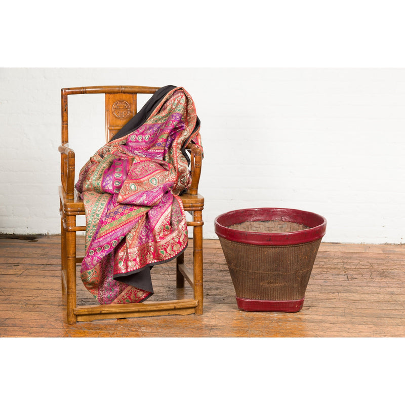 This-is-a-picture-of-a-Antique Thai Hand Woven Rattan Grain Basket with Red Lacquered Border-image-position-4-style-YN7692-Shop-for-Vintage-and-Antique-Asian-and-Chinese-Furniture-for-sale-at-FEA Home-NYC