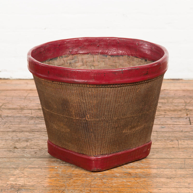 This-is-a-picture-of-a-Antique Thai Hand Woven Rattan Grain Basket with Red Lacquered Border-image-position-5-style-YN7692-Shop-for-Vintage-and-Antique-Asian-and-Chinese-Furniture-for-sale-at-FEA Home-NYC