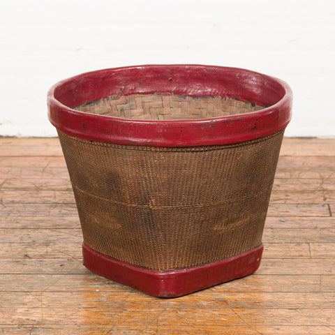 This-is-a-picture-of-a-Antique Thai Hand Woven Rattan Grain Basket with Red Lacquered Border-image-position-5-style-YN7692-Shop-for-Vintage-and-Antique-Asian-and-Chinese-Furniture-for-sale-at-FEA Home-NYC