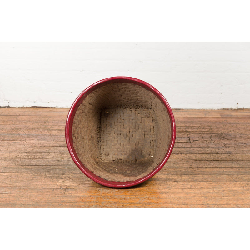 This-is-a-picture-of-a-Antique Thai Hand Woven Rattan Grain Basket with Red Lacquered Border-image-position-7-style-YN7692-Shop-for-Vintage-and-Antique-Asian-and-Chinese-Furniture-for-sale-at-FEA Home-NYC