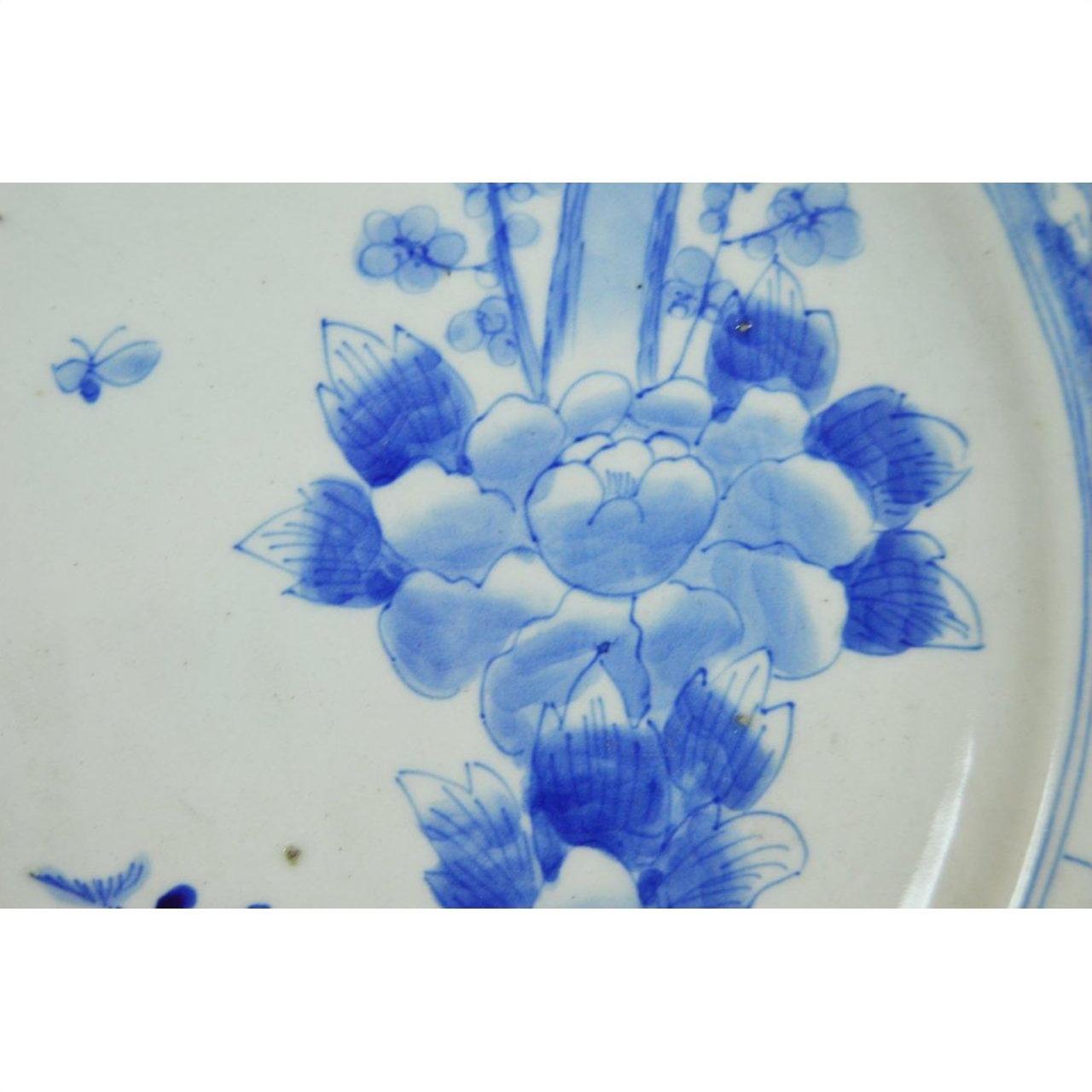 Blue and white porcelain plate with hand painted floral and insect design, close-up view.