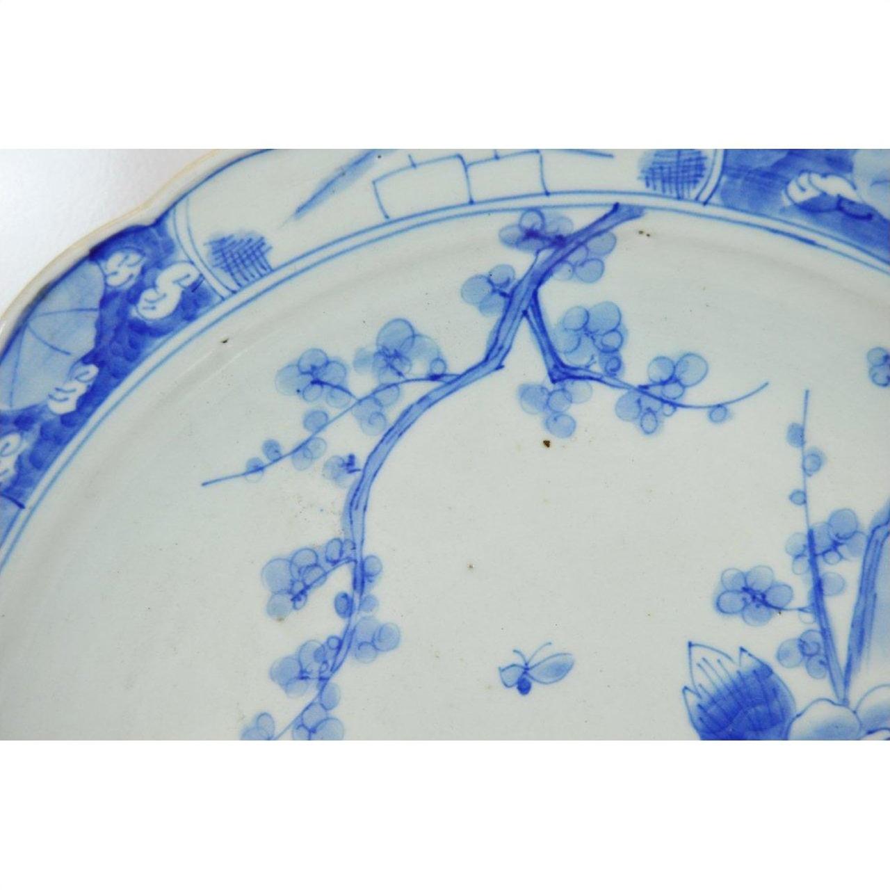 Close-up of blue and white porcelain plate with hand-painted floral and insect motifs on rim and center.