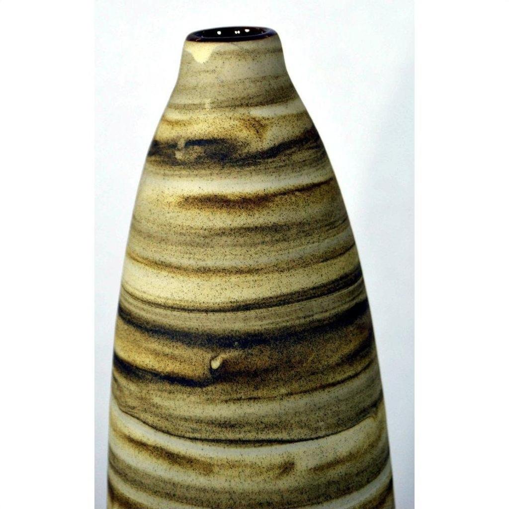 Close-up of tall brown and beige swirled striped ceramic vase on a white background.