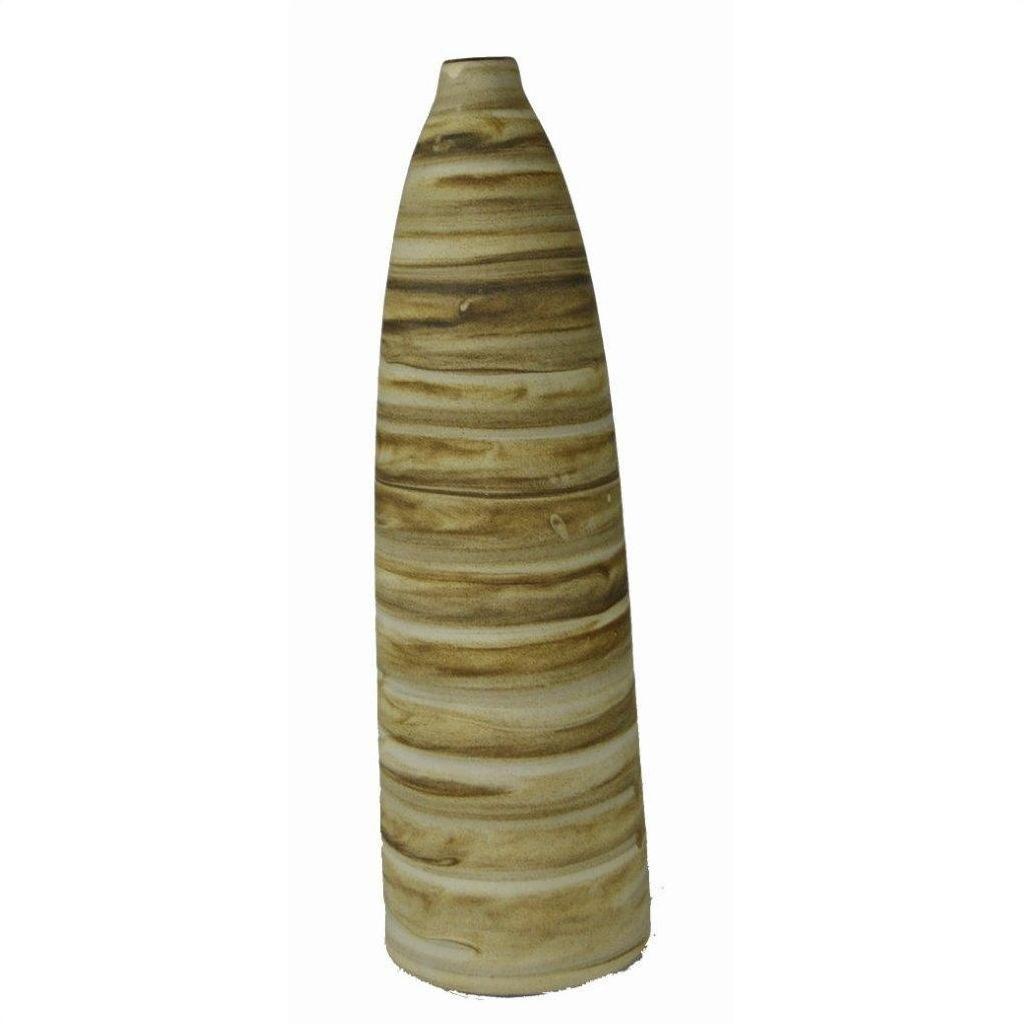 Close-up of tall, narrow ceramic vase with brown and beige earth-toned stripes on a white base.