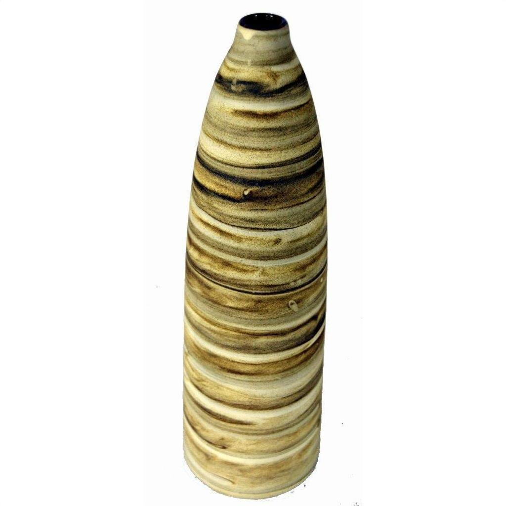 Close-up of a tall, cylindrical ceramic vase with earth-toned brown, tan, and cream horizontal swirled patterns.
