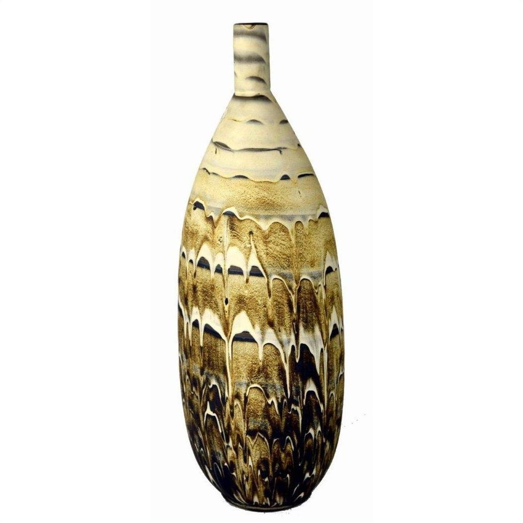 Earth-tone marbled ceramic vase with tall, large body and narrow neck on white background.