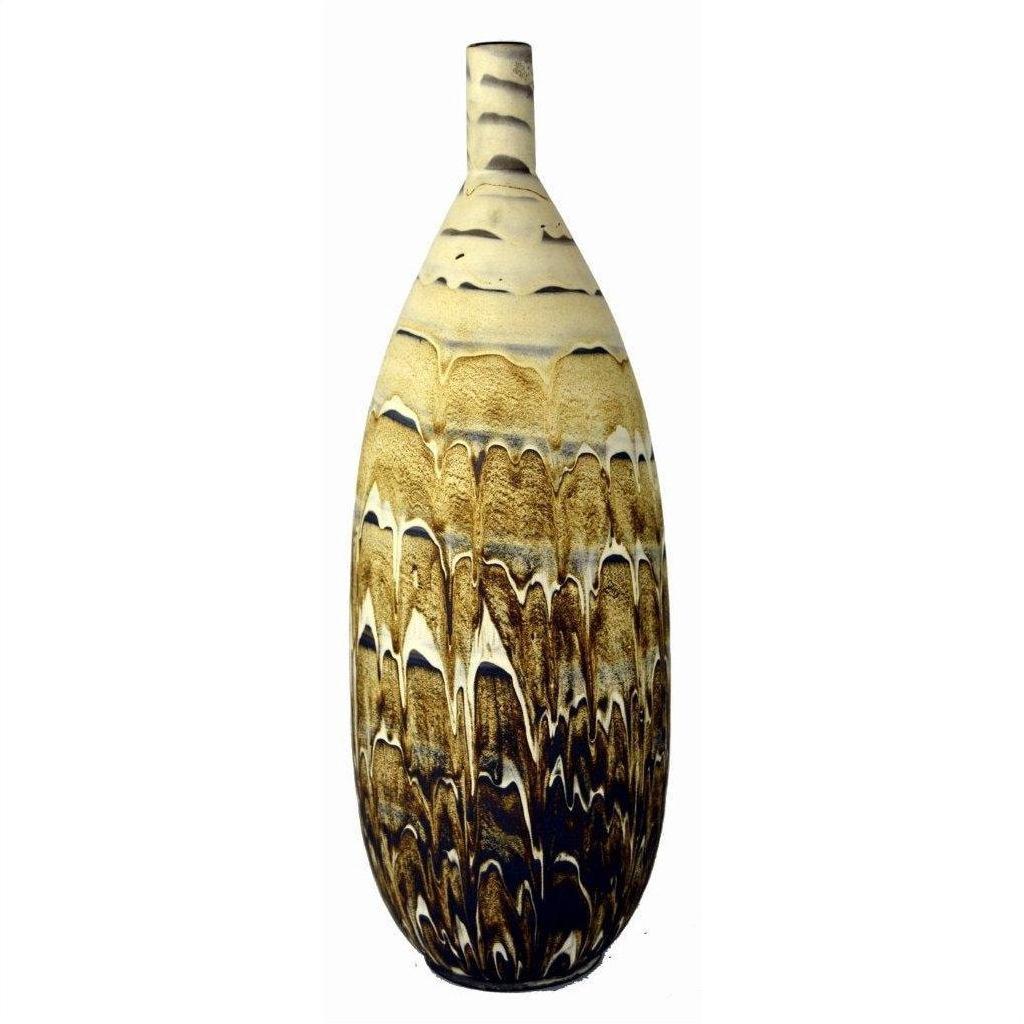 Earth-toned ceramic vase with a tall, narrow neck and wave-like textured patterns, close-up view.