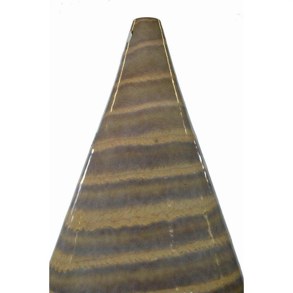 Close-up of a large ceramic vase with brown and tan horizontal stripes on a white background.