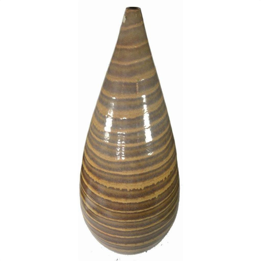 Close-up of large white ceramic vase with glossy brown and tan teardrop stripes.