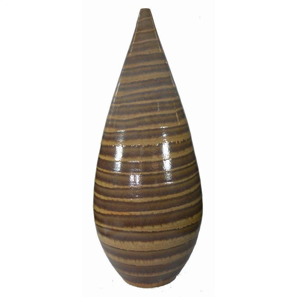 Close-up of large ceramic vase with glossy finish, brown and tan stripes, tall teardrop shape.