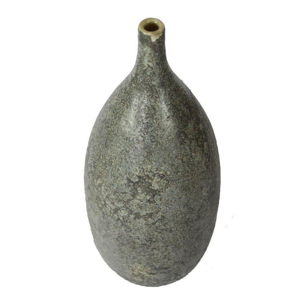 Speckled gray ceramic vase, oval shape with narrow neck and small opening, close-up top view.