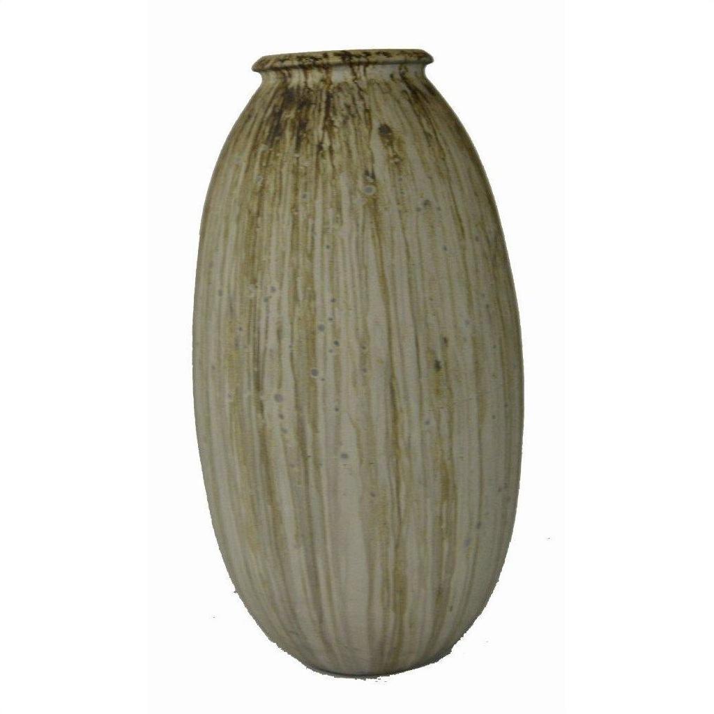 Close-up of tall, oval ceramic vase with vertical brown streaks on light beige, set against a white background.