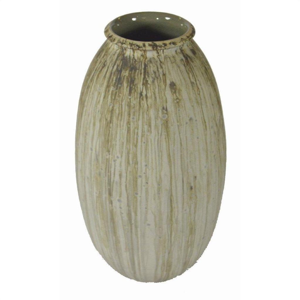 Beige ceramic vase with vertical brown streaks, oval and tall with narrow opening, on plain background.