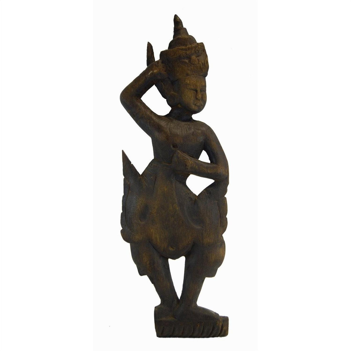 Dark wood Balinese hand-carved temple dancer statue, 26" tall, decorative panel accents, one arm raised.