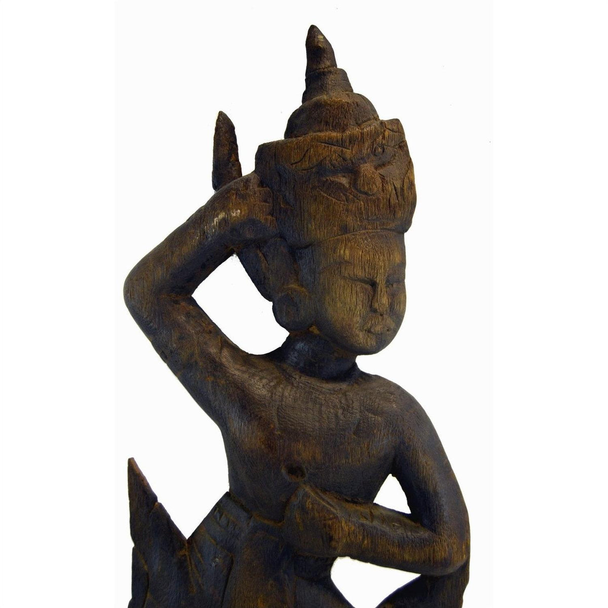 Brown wood Balinese hand carved temple dancer with one arm raised, eyes closed, on a white background.