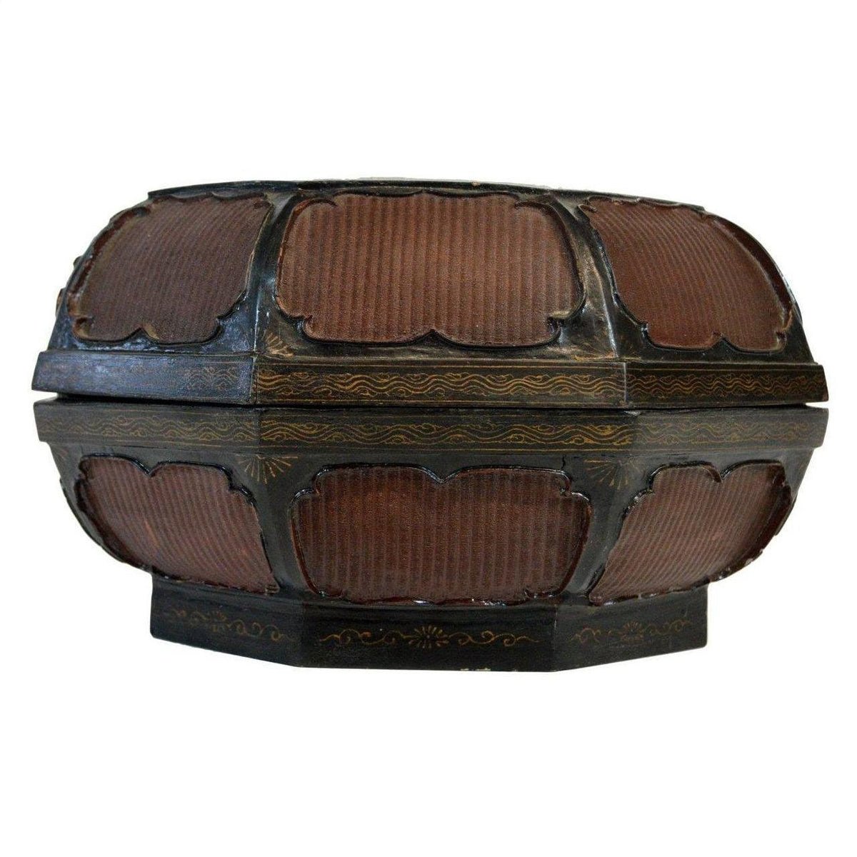 Close-up of octagonal antique wood basket with lid, dark edges, gold details, and textured reddish-brown panels.