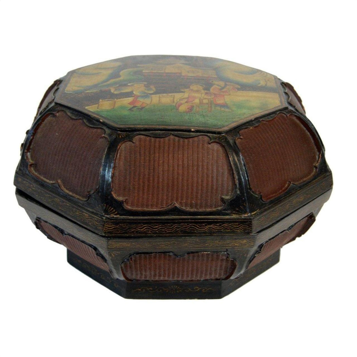 Hexagonal basket with painted lid and ribbed brown wooden panels, close-up view.