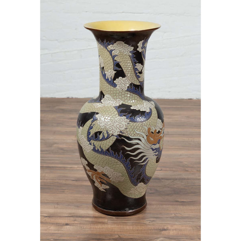 Blue Dragon Motif Altar Vase on Black Ground, Found in Vietnamese Temple-YN6469-13. Asian & Chinese Furniture, Art, Antiques, Vintage Home Décor for sale at FEA Home