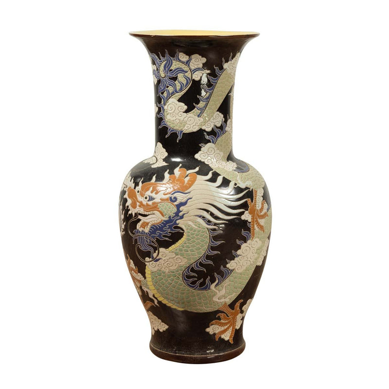 Blue Dragon Motif Altar Vase on Black Ground, Found in Vietnamese Temple- Asian Antiques, Vintage Home Decor & Chinese Furniture - FEA Home
