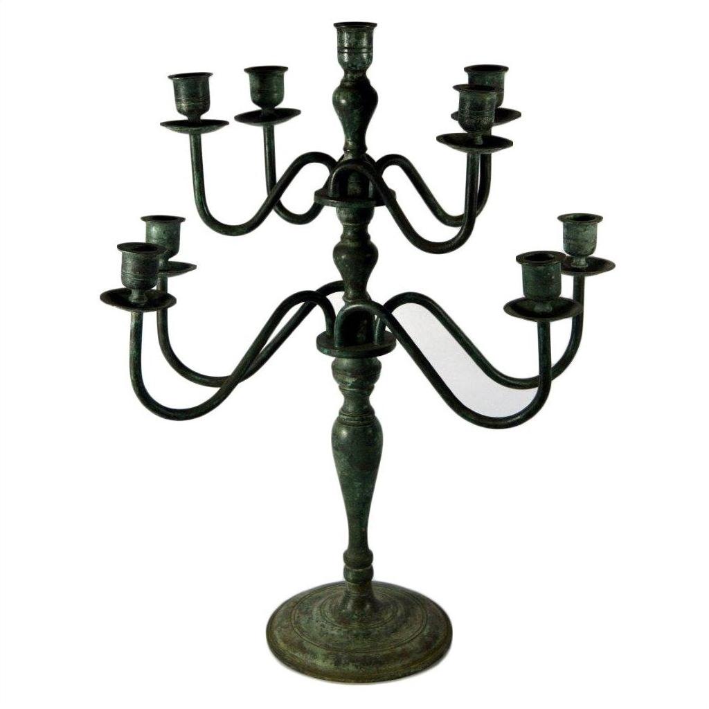 Bronze candelabra with tarnished finish, 5 arms and 9 candle holders, shown on a plain background.