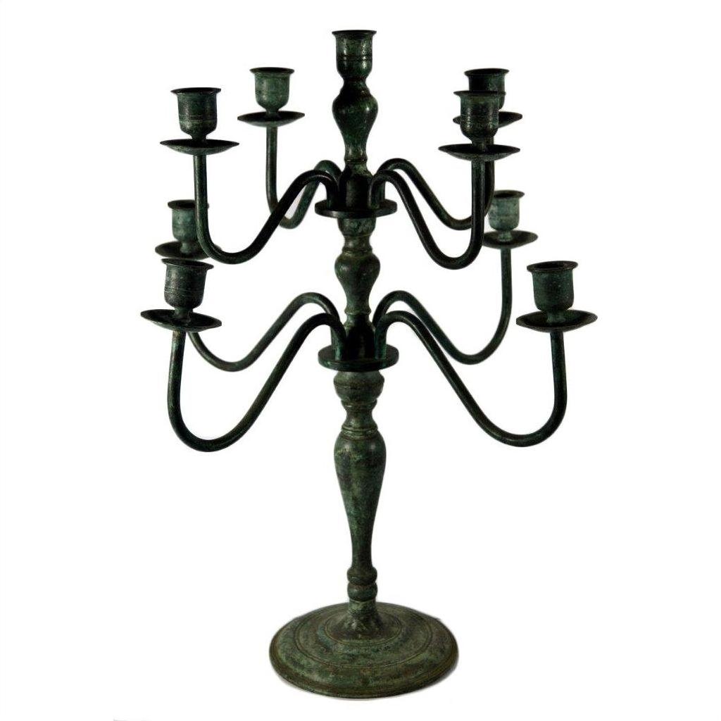 Bronze candelabra with nine candle holders, ornate curved arms, and round base, vintage style centerpiece.